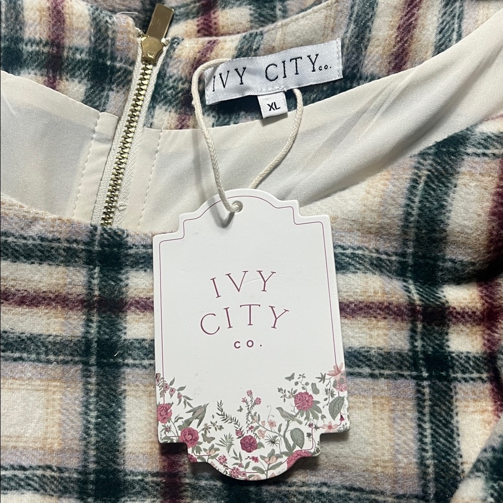 Ivy City Co Plaid Puff-Sleeve Dress in Cream, Green, and Red - Picture 8 of 9